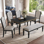 Merax 6-Piece Kitchen Dining Table Set, 60" Rectangular Table with 4 High-Back Tufted Upholstered Chairs & 1 Bench, Rubberwood Legs Modern Elegant Farmhouse for Kitchen Room, Black