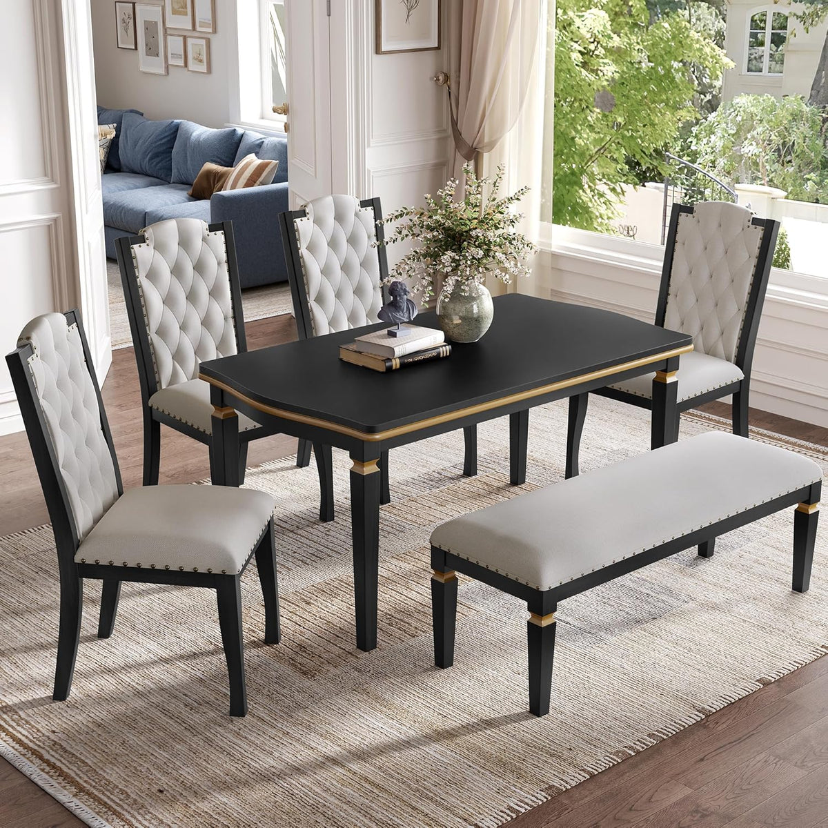 Merax 6-Piece Kitchen Dining Table Set, 60" Rectangular Table with 4 High-Back Tufted Upholstered Chairs & 1 Bench, Rubberwood Legs Modern Elegant Farmhouse for Kitchen Room, Black