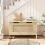 IDEALHOSUE 30” Storage Chest, Wooden Storage Bench with Safety Hinge, Retro Blanket Storage Trunk for Entryway, Living Room, Supports 350 lb, Light Oak