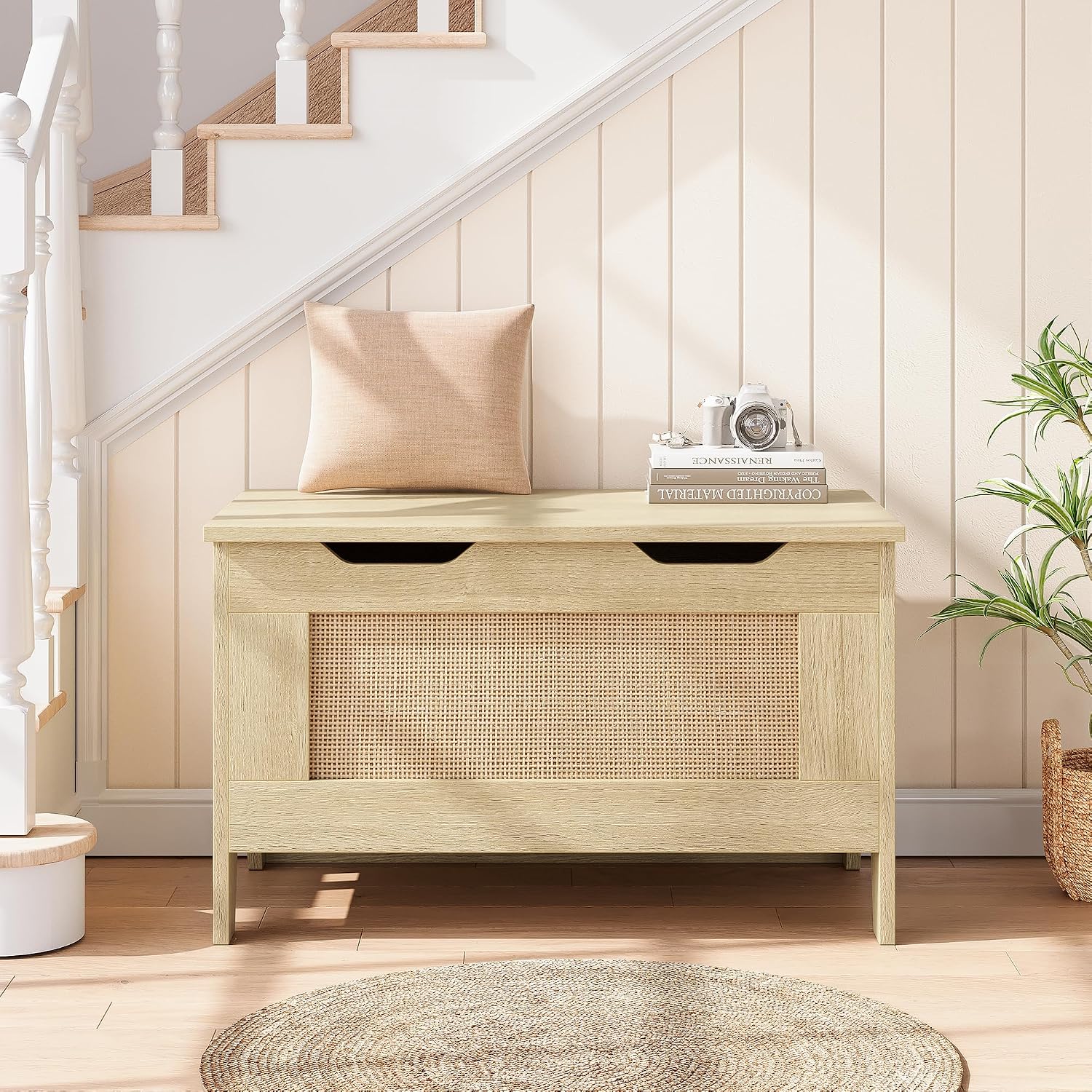 IDEALHOSUE 30” Storage Chest, Wooden Storage Bench with Safety Hinge, Retro Blanket Storage Trunk for Entryway, Living Room, Supports 350 lb, Light Oak