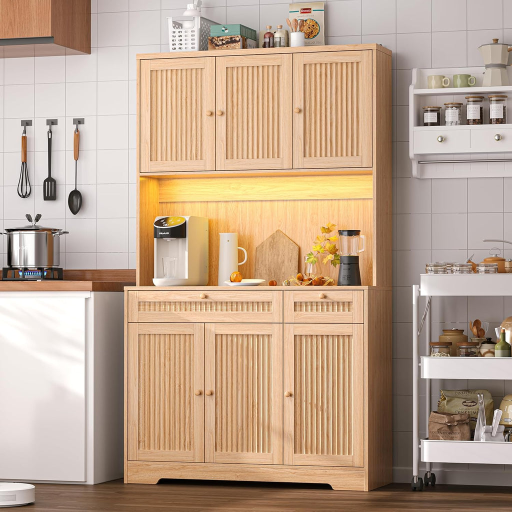 Pantry Storage Cabinet with Charging Station, Kitchen Storage with Adjustable Shelves, Food Pantry Cabinet with Coffee Bar Storage, Modern Kitchen Cupboard for Dining Room, Living Room, Oak