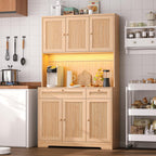Pantry Storage Cabinet with Charging Station, Kitchen Storage with Adjustable Shelves, Food Pantry Cabinet with Coffee Bar Storage, Modern Kitchen Cupboard for Dining Room, Living Room, Oak
