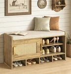 Shoe Storage Bench, 39.4" Entryway Bench with Linen Seat Cushion, 3-Tier Rattan-Style Shoe Cabinet Bench with Sliding Door, 4 Open Compartments and Adjustable Shoe Shelves, for Hallway, Natural Pecan