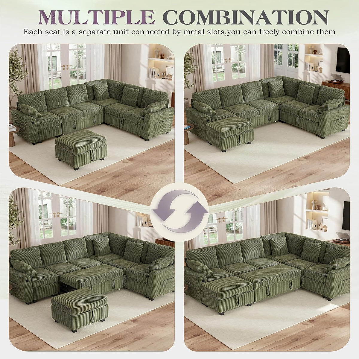 Hanherry Sectional Sofa with Pull Out Couch Bed,6 Seats Corduroy Sleeper Sofa with Storage Ottoman & USB Charging,Comfy L Shaped Modular Couches for Living Room,Apartment