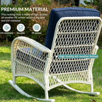 MEETWARM Outdoor Wicker Rocking Chairs Set of 2, Rattan Patio Rocker Chairs with Thick Cushions and High Back, All-Weather Patio Wicker Chair with Safe Rocking Design for Garden, Cream White/Navy