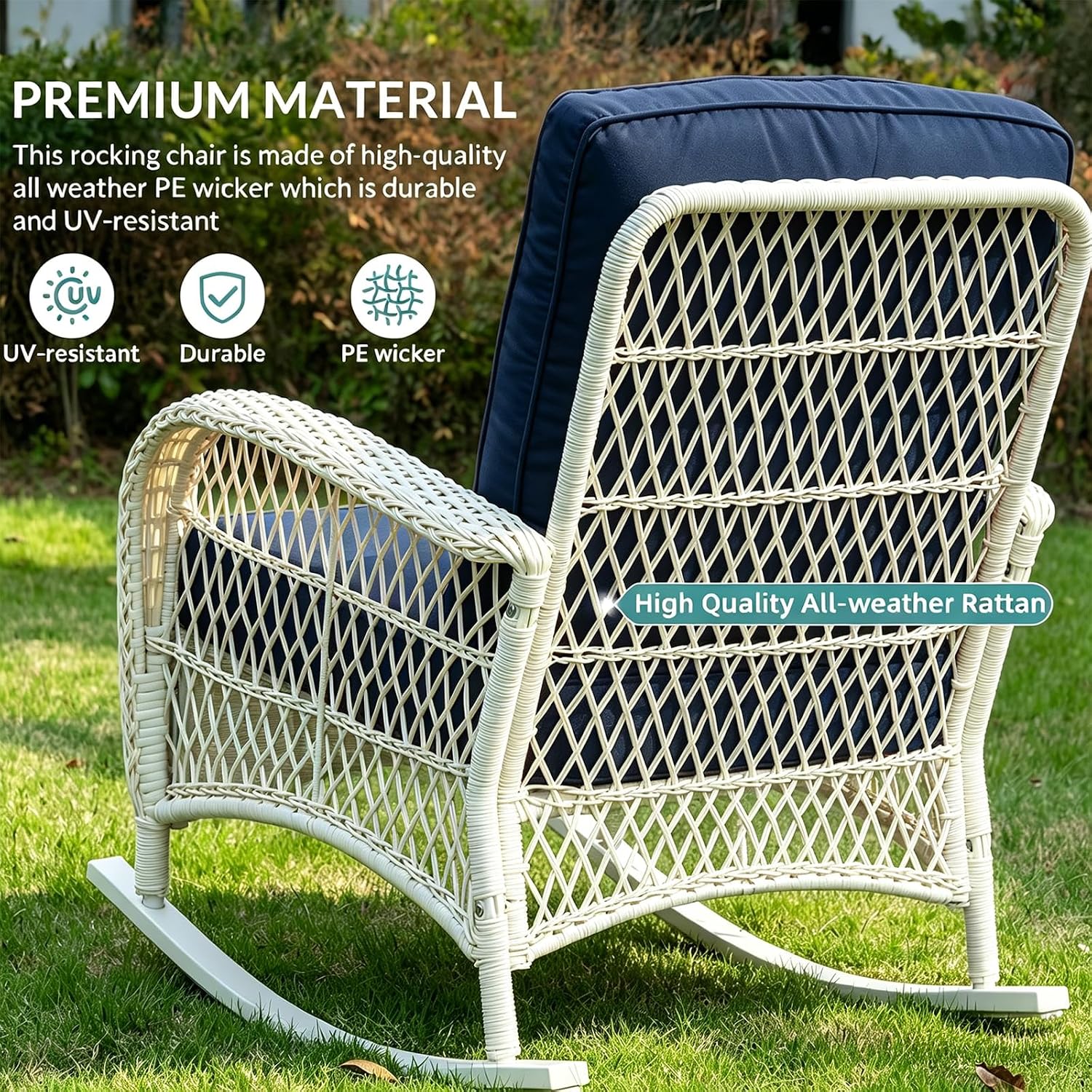 MEETWARM Outdoor Wicker Rocking Chairs Set of 2, Rattan Patio Rocker Chairs with Thick Cushions and High Back, All-Weather Patio Wicker Chair with Safe Rocking Design for Garden, Cream White/Navy