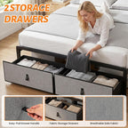 Queen Bed Frame with 2 Storage Drawers & Charging Station, Headboard, Grey