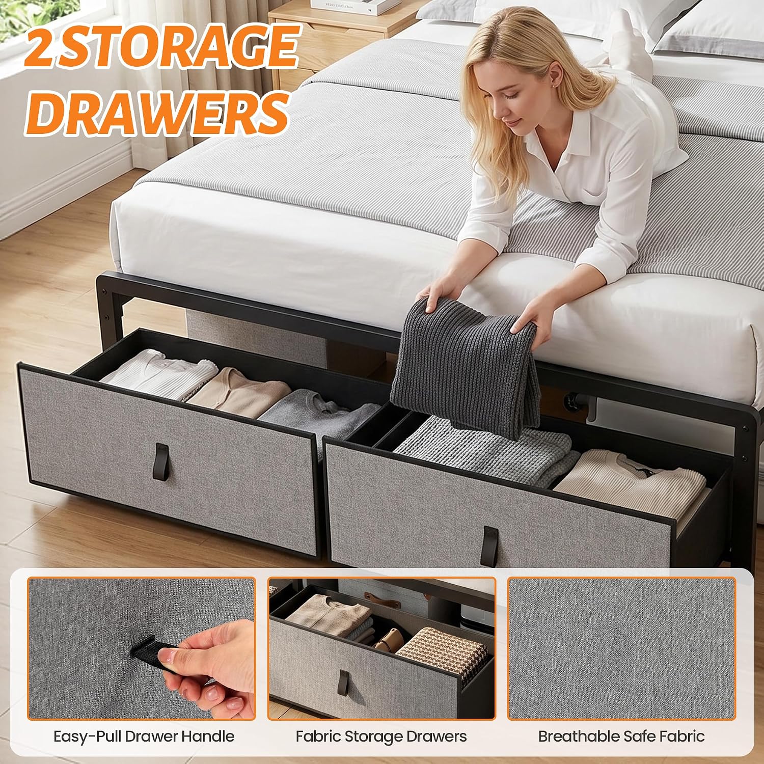 Queen Bed Frame with 2 Storage Drawers & Charging Station, Headboard, Grey