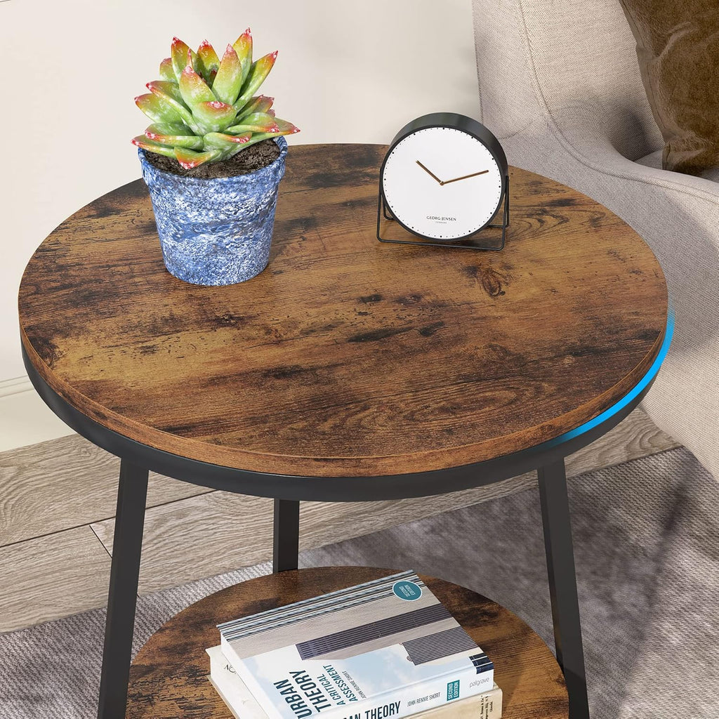 Tribesigns Round End Table Set of 2, 2 Tier Side Table with Storage Shelf, Industrial Nightstand Bedside Table Coffee Accent Table for Living Room Small Space, Rustic Brown