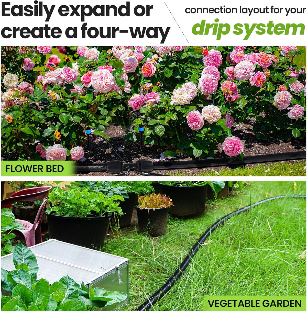 Bonviee 1/2" Irrigation Tubing with 4 Packs 6-Way Connectors - 50FT Drip Irrigation Tubing Ideal for Garden Irrigation System or as Blank Distribution Hose for Any Project