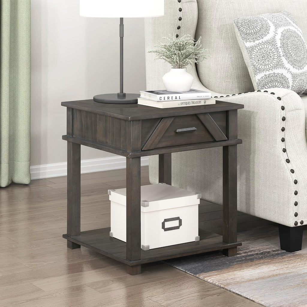 Lexicon Rectangle Wood End Table with Drawer and Lower Open Shelf, Pine Wood Veneer Small Side Table for Contemporary Living Room/Bedroom, Easy Assembled, Brown