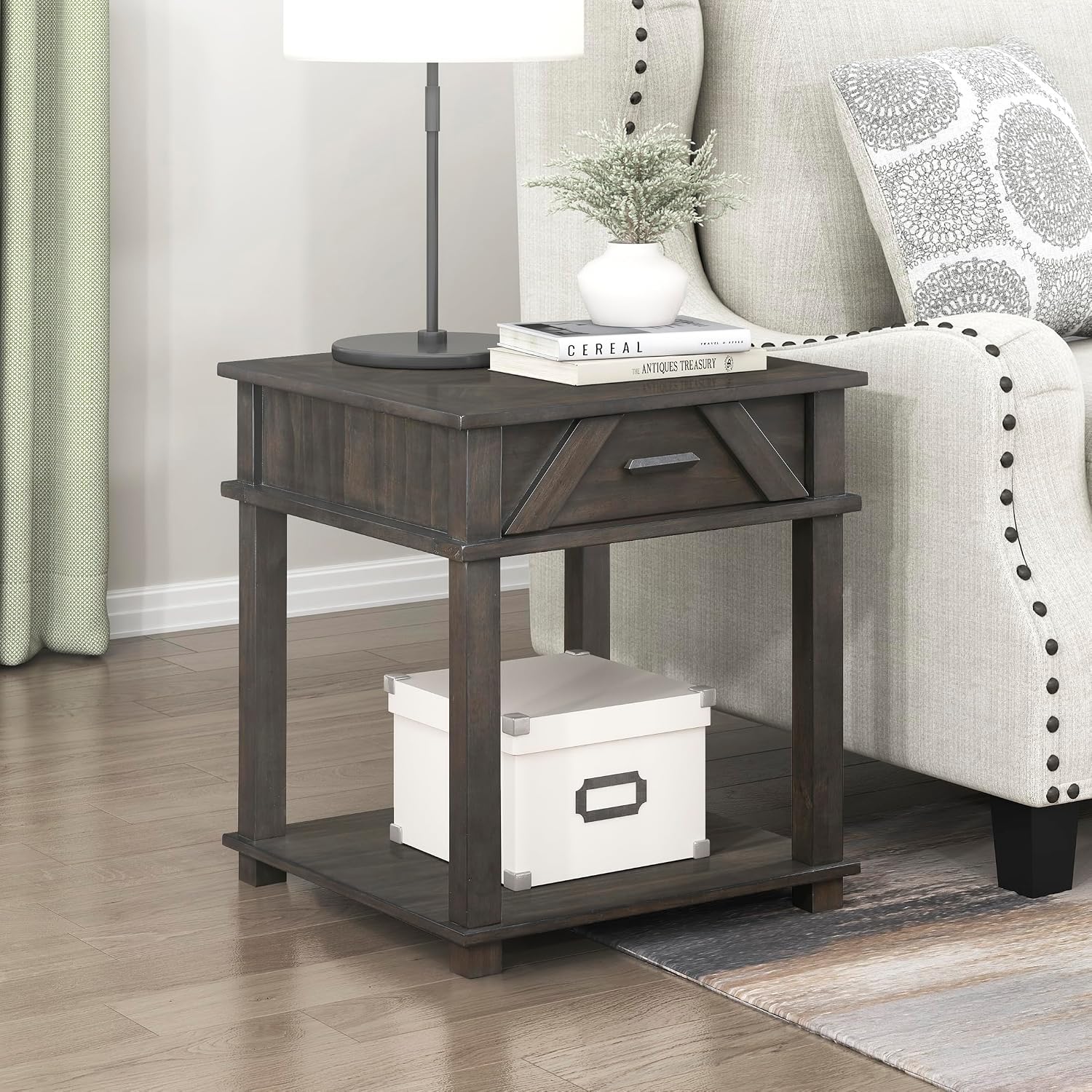 Lexicon Rectangle Wood End Table with Drawer and Lower Open Shelf, Pine Wood Veneer Small Side Table for Contemporary Living Room/Bedroom, Easy Assembled, Brown