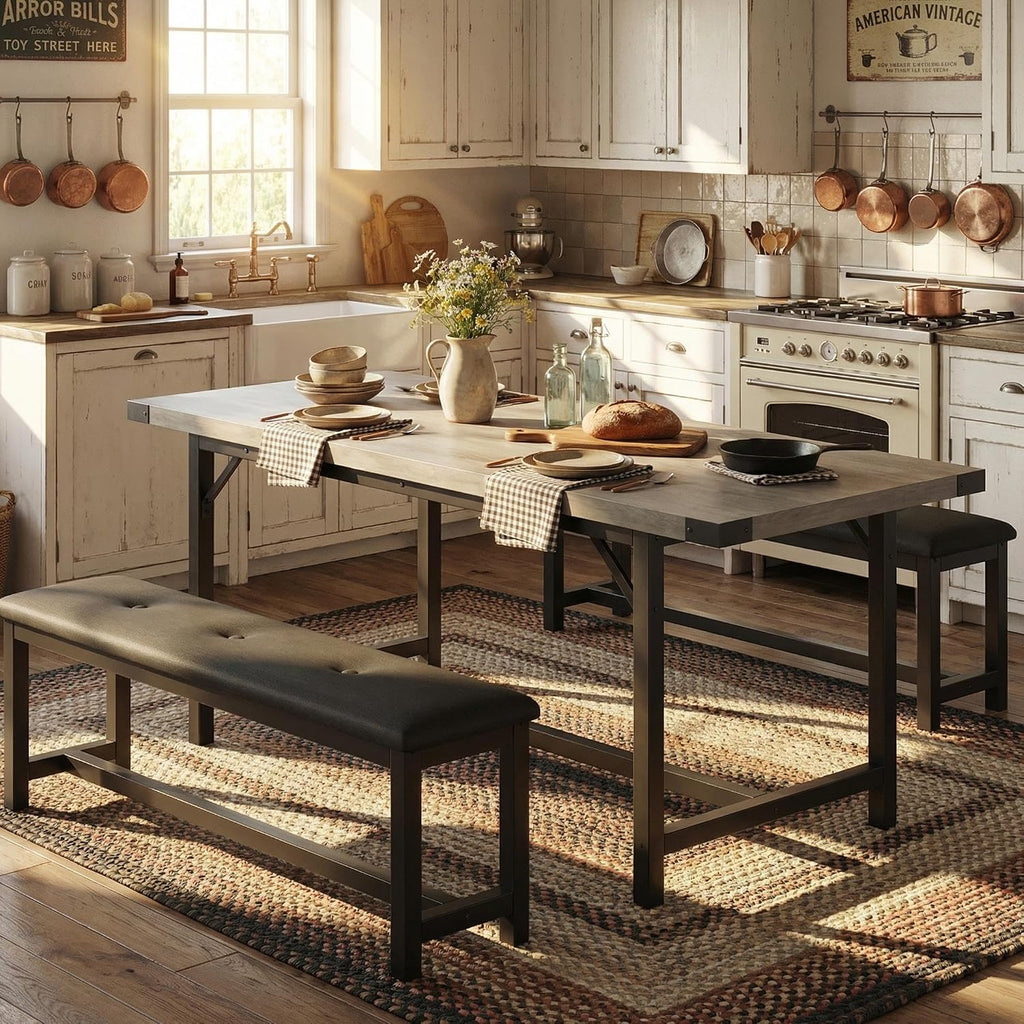 IDEALHOUSE 63" 3 Piece Extendable Dining Table Set for 4-6, Rectangle Wooden Kitchen Table with 2 Soft Benches Set for 6, Sturdy Metal Frame, Dinette Table Set for Apartment, Kitchen, Rustic Gray