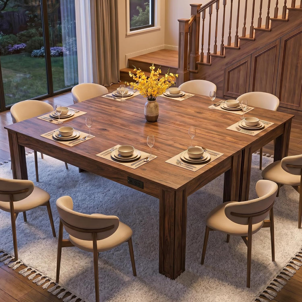 Farmhouse Dining Table for 6-8 People, 71-Inch Wooden Kitchen Table with 2 Drawers,Rectangular Dining Table with Charging Station for Dining Room, Kitchen, Home Office,Walnut Wood