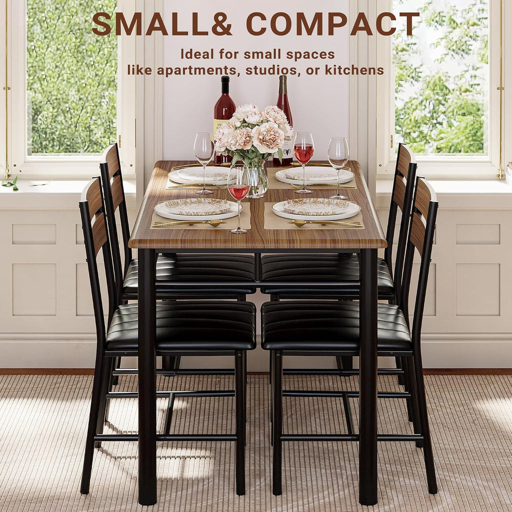 IRONCK Dining Table Set for 4, Walnut | Wood Kitchen Table with Upholstered Chairs for Kitchen Room and Small Spaces