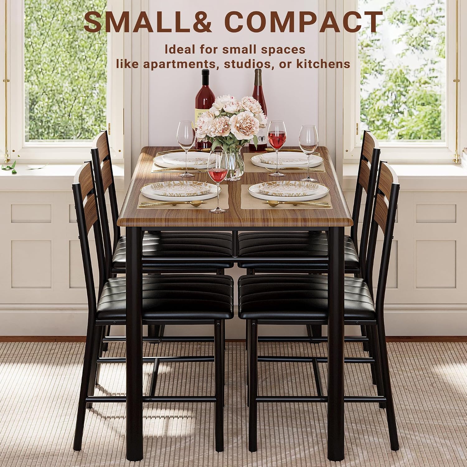 IRONCK Dining Table Set for 4, Walnut | Wood Kitchen Table with Upholstered Chairs for Kitchen Room and Small Spaces