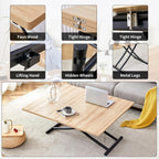 Space Saving Folding Dining Table, Adjustable Height Foldable Coffee Table with Wooden Tabletop and Metal Legs, Small Transformer Kitchen Table for Apartment, Living Room, Dining Room