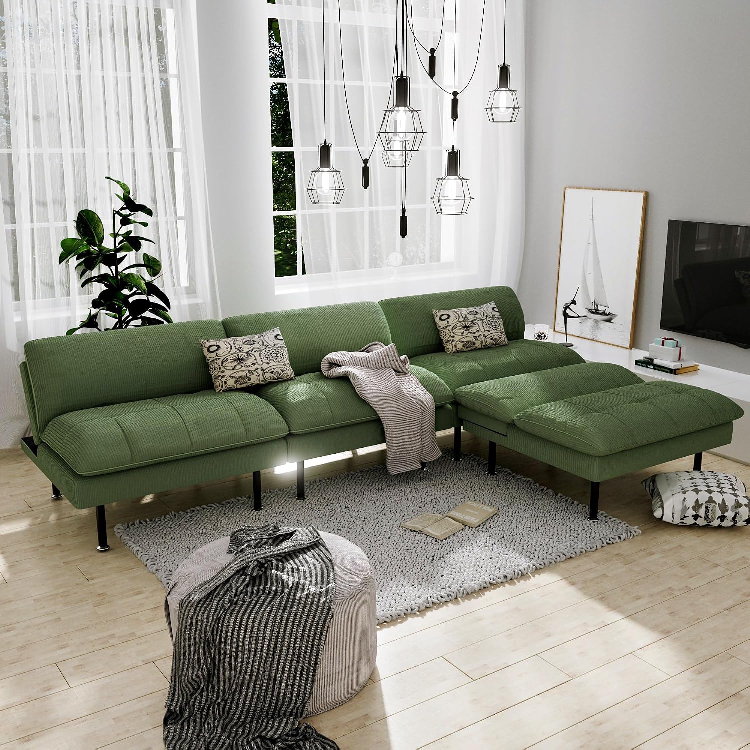 Ribilake 2 Sets 70" Futon Sofa Bed, 4 in 1 Multi-Function Couch Sleeper with Adjustable Backrest, Modern Convertible Futon, Recliner Small Loveseat for Living Room, Green
