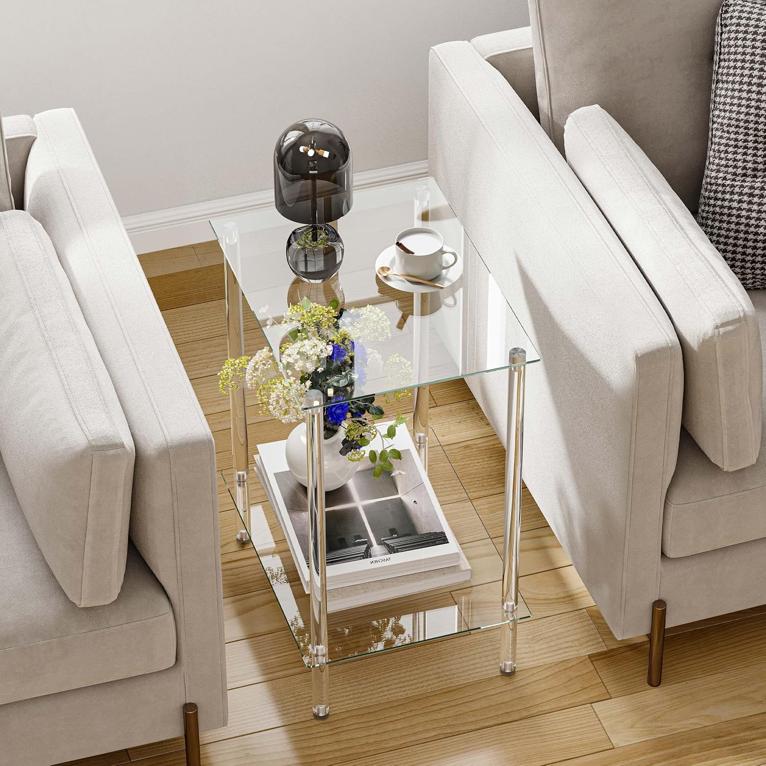 Tempered Glass Side Table, Acrylic End Table, 2-Tier Transparent Nightstand, Clear Coffee Table, for Small Spaces Living Room Bedroom Balcony Transparent LET518TR