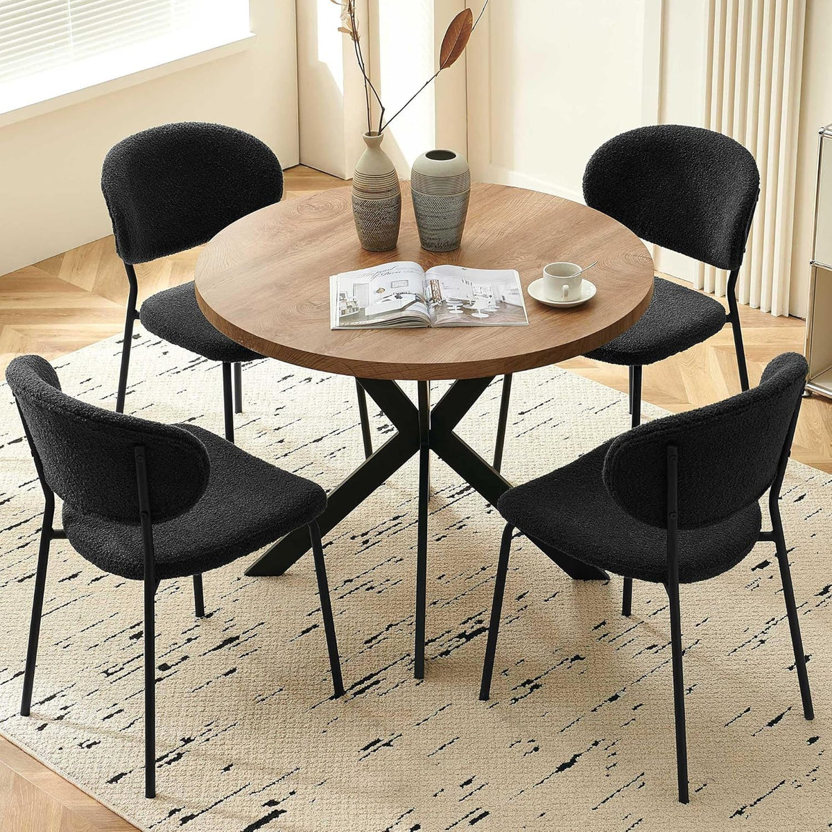 Homedot Kitchen Dining Table Set for 4, Modern Compact Round Dining Breakfast Dinner Table Chairs Set for Apartment Dining Room, Rustic Brown Table with Black Boucle Dining Side Chairs Set