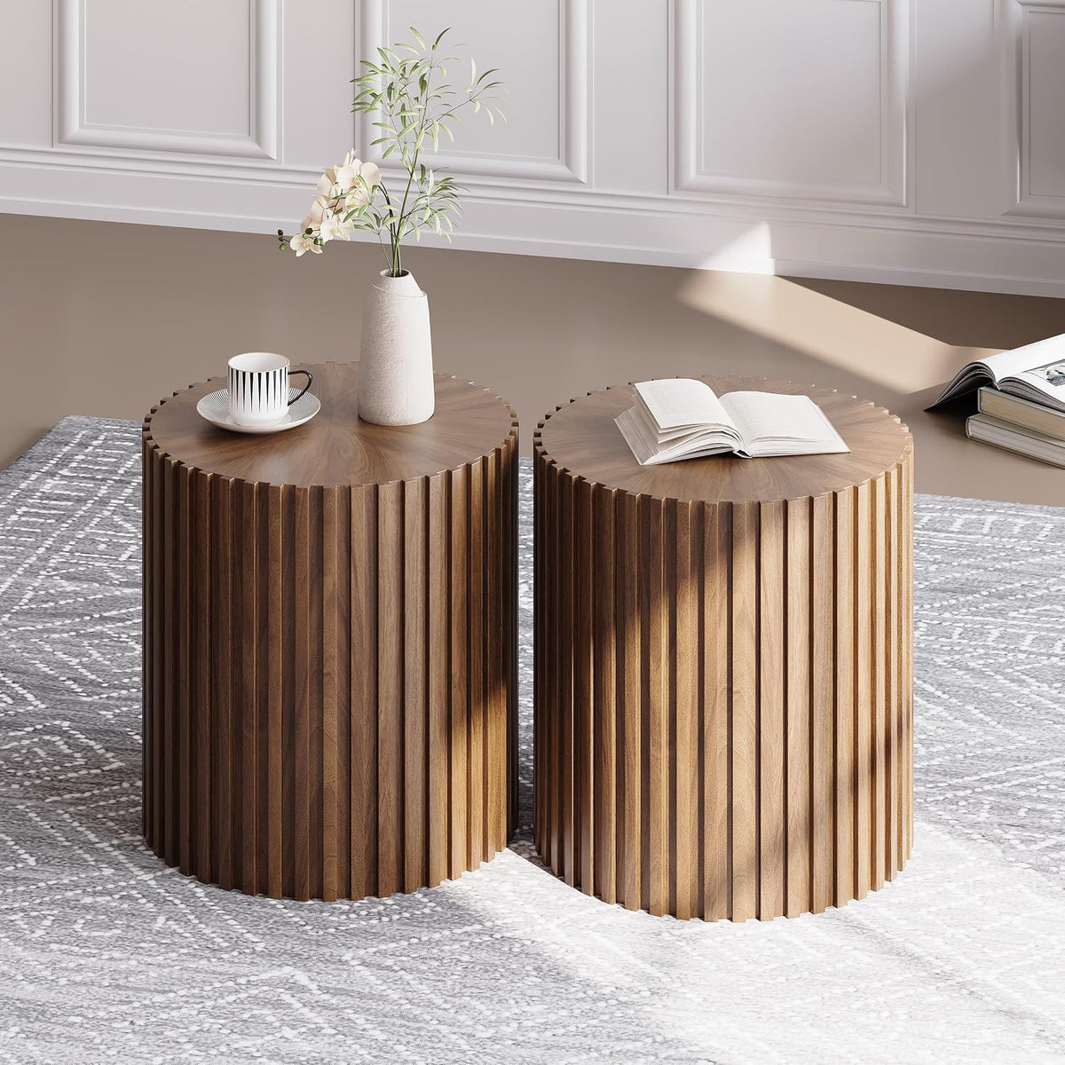 POVISON Fluted Side Set of 2, 20.08" Round End Side Table with Fluted Design for Living Room Bedroom Office, Light Walnut