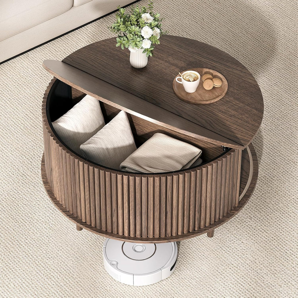 JOINICE,Round Coffee Table with Storage, 31.5" Fluted Center Table for Living Room, Modern Walnut Wood Circle Drum Table with Sliding Cabinet Door, Mid Century Furniture for Small Space