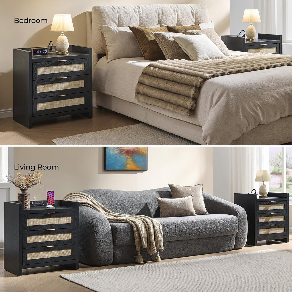 SICOTAS Nightstands Set of 2 : Rattan Tall Bedside Table with 3 Drawers | Farmhouse Boho Night Stand with Type-C Charging Station, Storage, Larger End Table Side Table for Bedroom Office