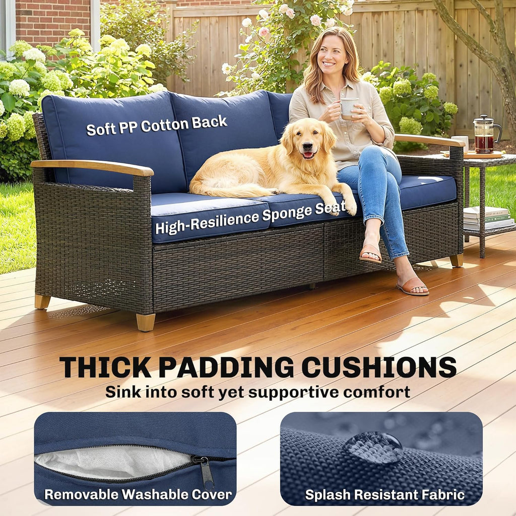 Outsunny 3 Seater Outdoor Couch Sofa, PE Wicker Patio Couch with Wide Deep Seating, 4" Foam Cushions, Wood-Effect Armrests and Legs, Patio Sofa Furniture for Garden, Backyard, Porch, Dark Blue