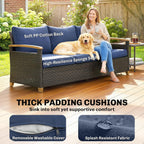 Outsunny 3 Seater Outdoor Couch Sofa, PE Wicker Patio Couch with Wide Deep Seating, 4" Foam Cushions, Wood-Effect Armrests and Legs, Patio Sofa Furniture for Garden, Backyard, Porch, Dark Blue