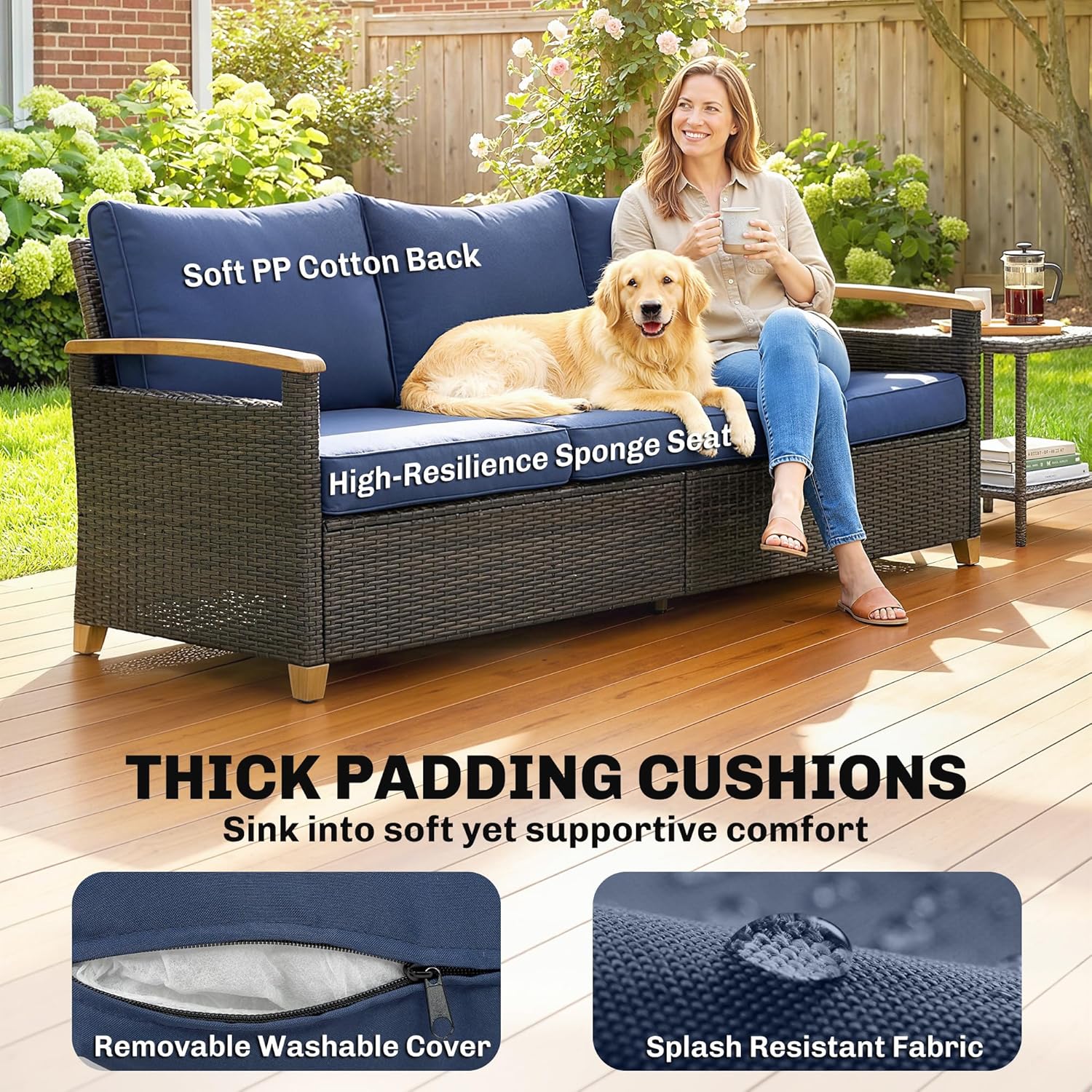 Outsunny 3 Seater Outdoor Couch Sofa, PE Wicker Patio Couch with Wide Deep Seating, 4" Foam Cushions, Wood-Effect Armrests and Legs, Patio Sofa Furniture for Garden, Backyard, Porch, Dark Blue