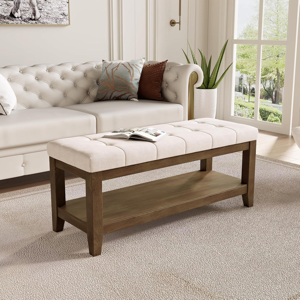 ABHENG Solid Rubber Wood Shoe Bench, Soft Chenille Material Upholstered Seat, 770LB Load Capacity, Multi-Storage for Entryway/Bedroom/Living Room, Vintage Style, 43.3"x15.7"x17.7", White,UASND65W