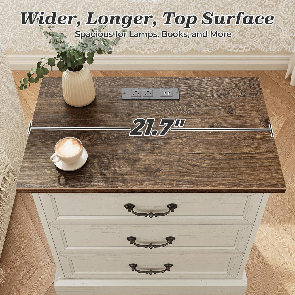 Huuger Nightstand with Charging Station, 3 Drawer Night Stand Set of 2, 22 Inch Wider Side Table with Storage, Farmhouse Nightstand with Vintage Handles, Thicken Base, for Bedroom, Distressed White