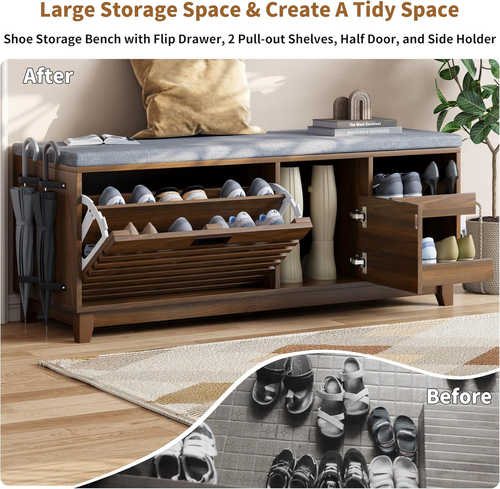 Loomie 47.2" Shoe Storage Bench with Flip Drawer, 2-Tier Entryway Bench with Padded Seat Cushion & 2 Pull-out Shelves & Semi-open storage, Shoe Rack Bench with Side Holder for Hallway,Bedroom (Walnut)