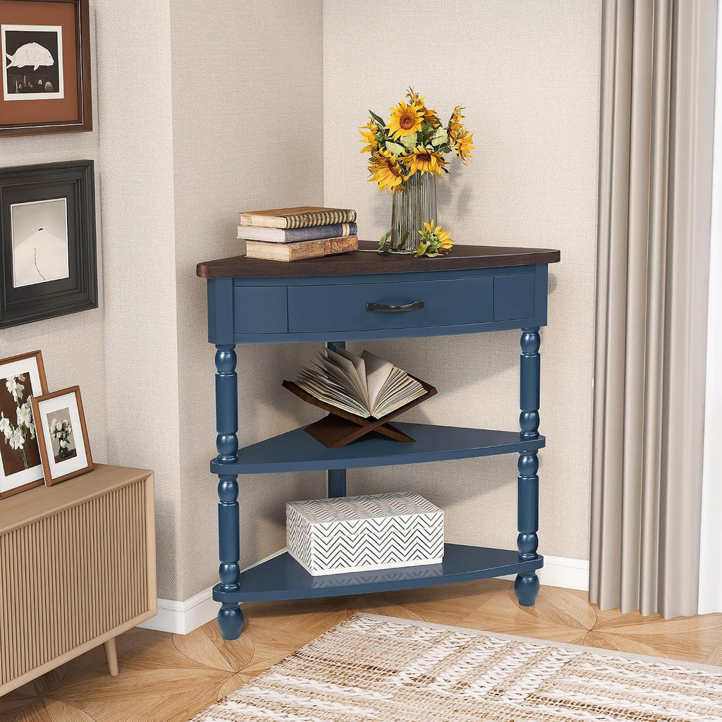 33.8'' Small Triangle Corner Table,3 Tier End Table with Open Shelf and Solid Wood Legs,Wood Corner Side Table with 1 Storage Drawer for Bedroom,Living Room,Small Spaces (Navy Blue-14)