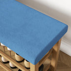 2 Tier Shoe Rack Bench with Cushion, Rubberwood Shoe Benches, Mid-Century Modern Shoe Storage Bench for Entryway, Hallway, Living Room, Closet, Front Door Entrance, Blue