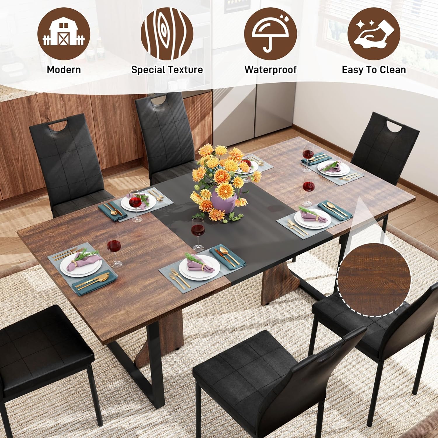 70IN Large Dining Table for 4 5 6 People,Farmhouse Kitchen Dinner Table W/Brown Wood Waterpoof Tabletop,Rectangular Family 6FT Dining Tables w/Adjustable Leg for Office Home Living Dining Room