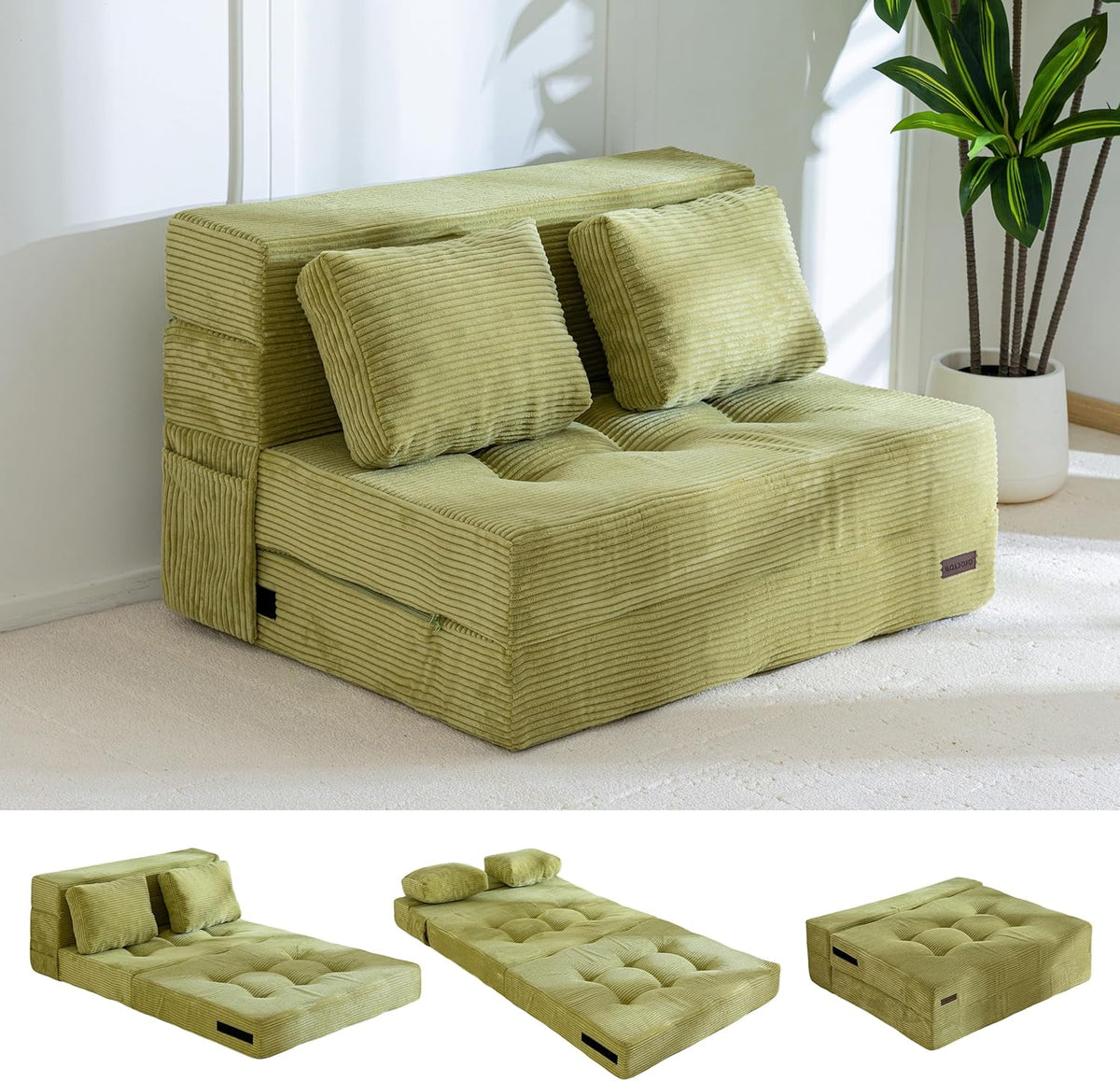 MAXYOYO Convertible Sofa Bed, Fold Out Loveseat Sofa Couch with Pillow, 4 in 1 Tufted Folding Couch Bed Foam Floor Couch, Lazy Chair for Living Room Bedroom Guest Room, Green