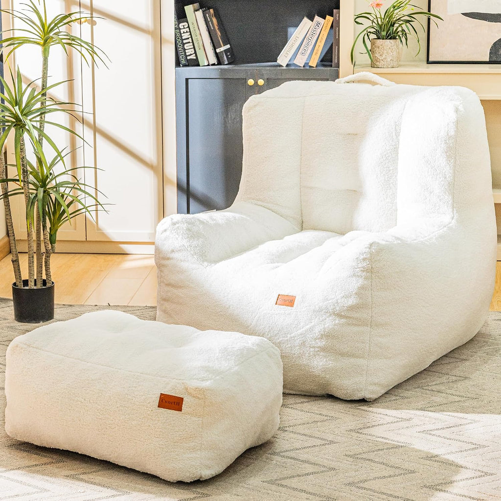 Cvortll Giant Bean Bag Chair for Adults with Ottoman, High-Density Oversized Bean Bag Sofa, Cozy Lazy Comfy Floor Sofa for Bedroom, Reading Chair for Living Room, White