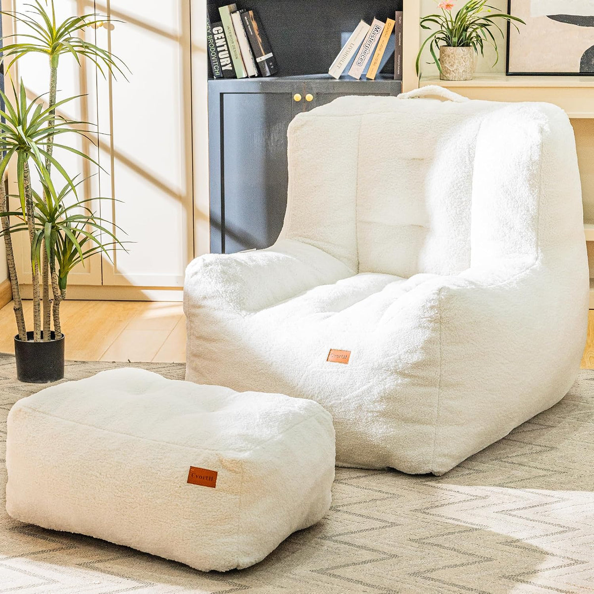Cvortll Giant Bean Bag Chair for Adults with Ottoman, High-Density Oversized Bean Bag Sofa, Cozy Lazy Comfy Floor Sofa for Bedroom, Reading Chair for Living Room, White