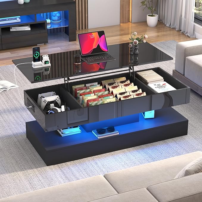47.2" Large Lift Top Coffee Table,Modern High Glossy LED Coffee Tables for Living Room with Storage,Black Living Room Tables for Living Rooms,Dining Room,Bedroom Home Office,APP LED Lights（Black）