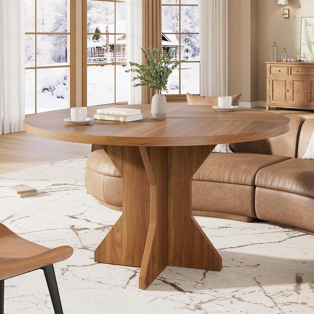 Garvee Round Dining Table for 4-6 People - 47" Circle Kitchen Dinner Table with Sturdy Pedestal Base, Small Spaces Dinning Room Furniture for Living Room, Kitchen, Apartment, Brown