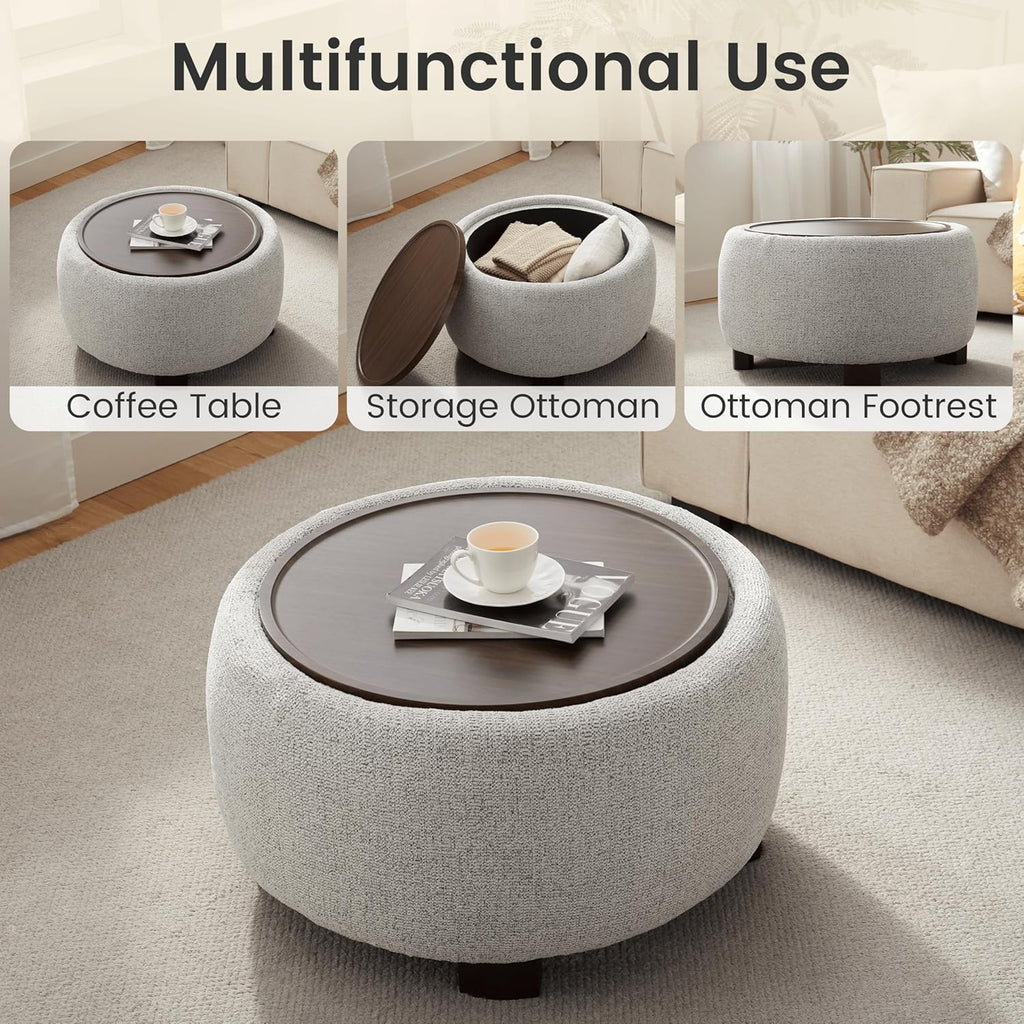 VKNOW 30" Round Storage Ottoman, Ottoman Coffee Table with Removable Wood Top and Solid Wood Legs for Living Room, Bedroom, Apartments (Beige)