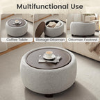 VKNOW 30" Round Storage Ottoman, Ottoman Coffee Table with Removable Wood Top and Solid Wood Legs for Living Room, Bedroom, Apartments (Beige)