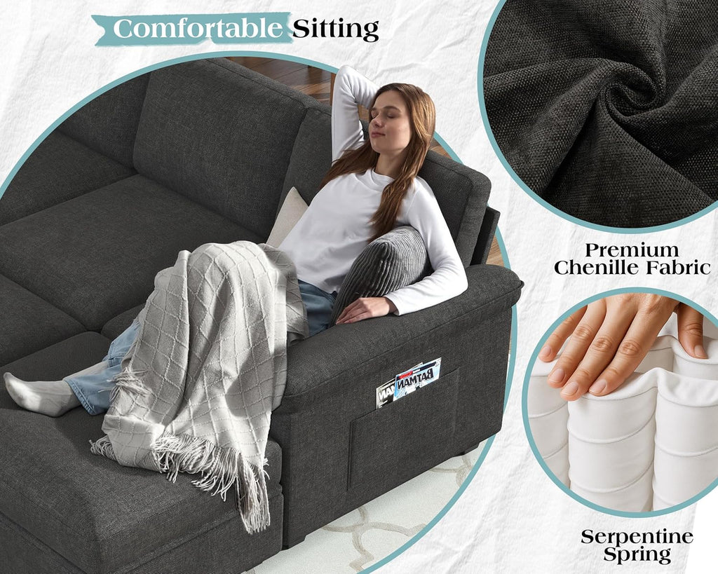 Jocisland 105" Sofa Bed, Sectional Sleeper Sofa with Pull Out Bed/Reclining Backrest, Sleeper Couch Bed with Storage, 6 Seater Couch Bed for Living Room, Chenille Dark Gray