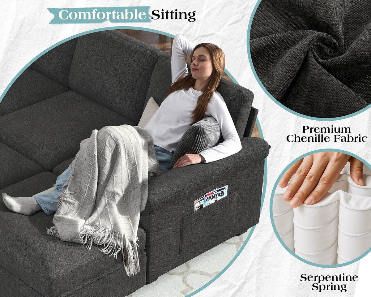 Jocisland 105" Sofa Bed, Sectional Sleeper Sofa with Pull Out Bed/Reclining Backrest, Sleeper Couch Bed with Storage, 6 Seater Couch Bed for Living Room, Chenille Dark Gray