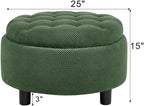 25Inch Round Storage Ottoman with Tray, ModernTufted Fabric Circle Coffee Table with Storage, Upholstered Ottoman with Removable Top for Living Room, Bedroom. (Dark Green + Wood+Fabric + Foam)