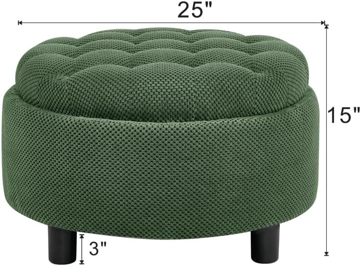 25Inch Round Storage Ottoman with Tray, ModernTufted Fabric Circle Coffee Table with Storage, Upholstered Ottoman with Removable Top for Living Room, Bedroom. (Dark Green + Wood+Fabric + Foam)