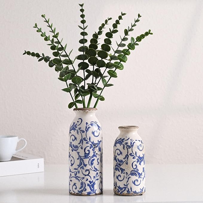 VICTOR & TERESA Blue and White Ceramic Vases Home Decor, Farmhouse Vase for Flowers, Flower Vase Set of 2, Rustic Decorative Vases for Pampas Grass, Table, Living Room, Shelf, Centerpieces, 8 inch