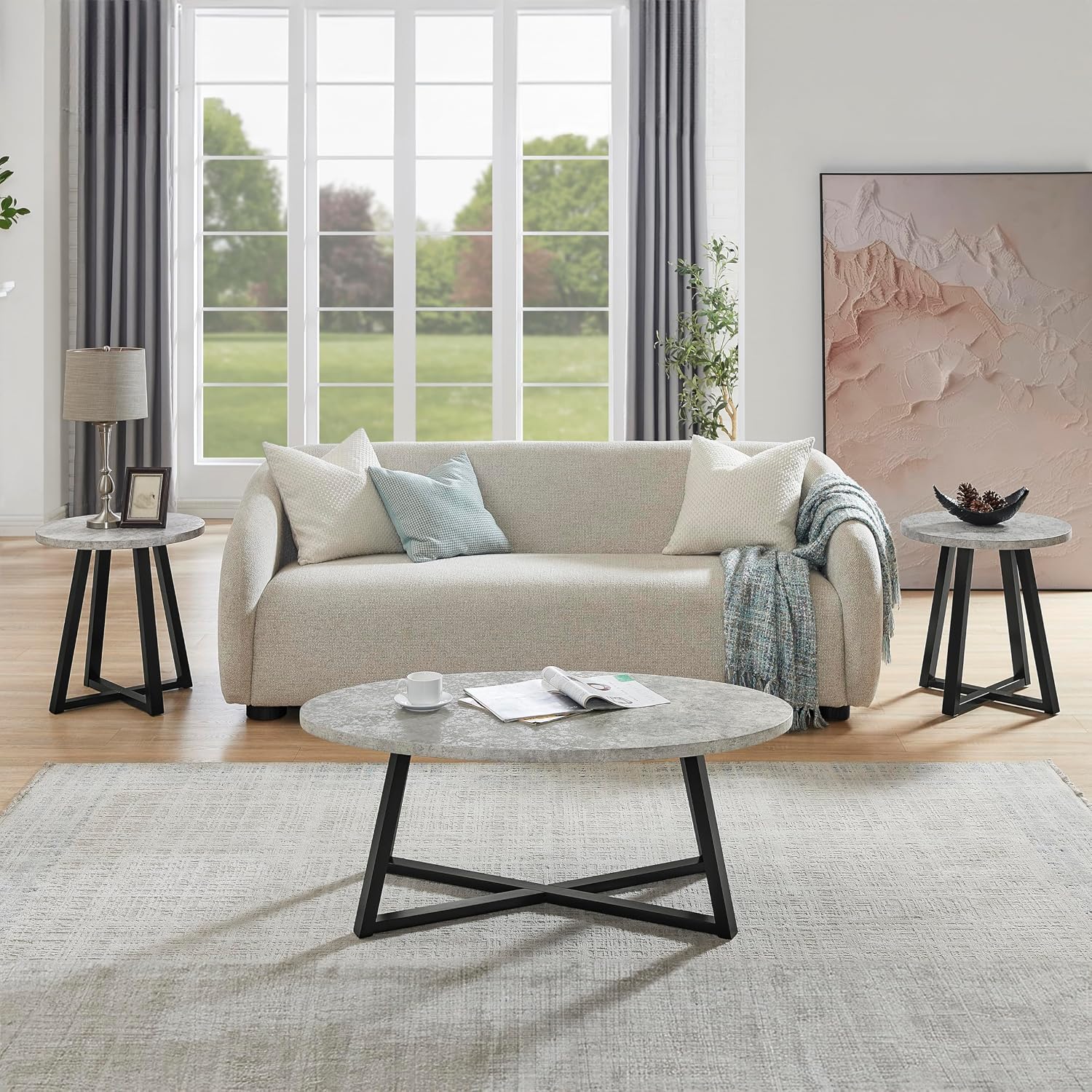 Polay Coffee Table Set 3-Piece Oval Wood with 2 Round End Tables | Modern 3-piece set with durable MDF tops and solid rubberwood legs. Oval coffee table plus two round end tables for a co