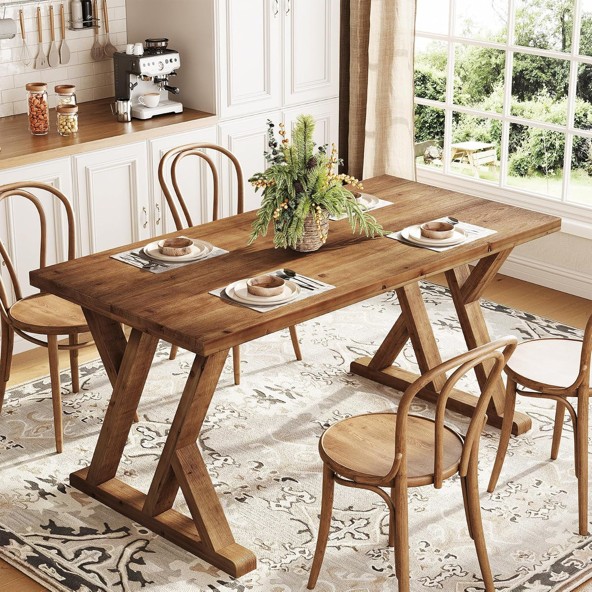 Solid Wood Dining Table for 4-6 People, 63 Inches Wooden Farmhouse Rectangular Kitchen Dinner Table with Heavy-Duty Legs for Home, Living Room, Dining Room, Rustic Brown